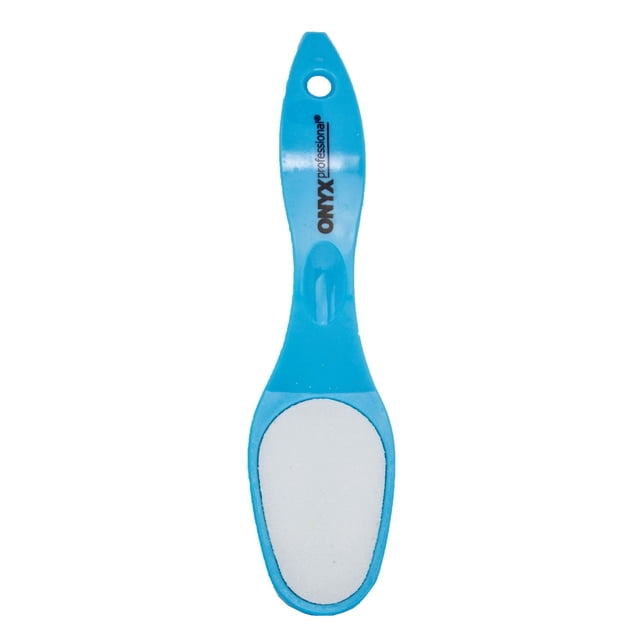 Onyx Professional Lisseur pour les Pieds avec une Poignée en Plastique Courbée Bleue Comprenant un Trou pour Suspendre et une surface Exfoliante Blanche en Grain, Conçu pour Enlever la Peau Sèche, les Talons Fissurés et les Callosités pour des Pieds Lisses dans le Cadre d'Une routine de Pédicure à Domicile.