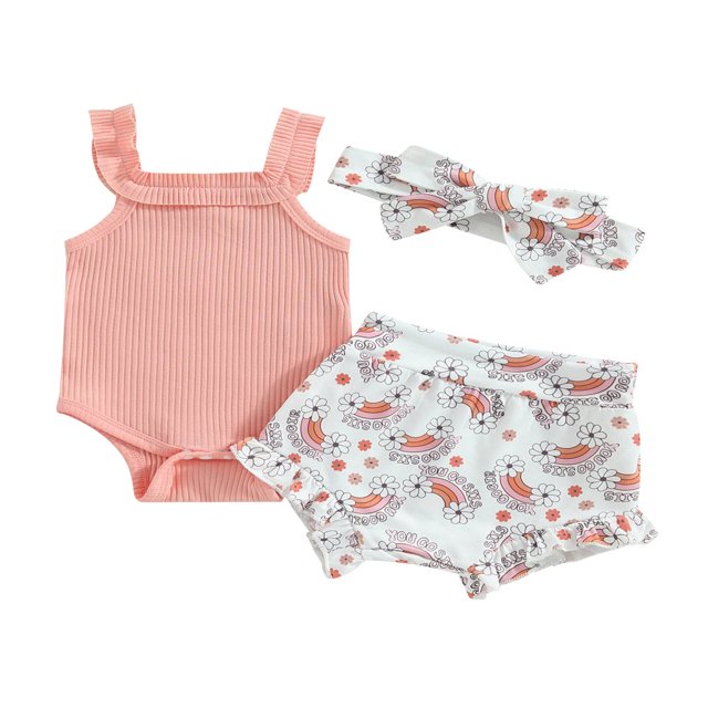 Infant Baby Girl Clothes Summer Outfits Strap Sleeveless Ribbed Romper Rainbow Ruffle Shorts Headband Set 0-3 Months