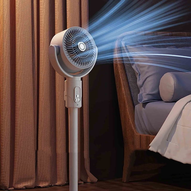 RKSTN A Fan Indoor Pedestal Fan Oscillating Fan High Speed Vertical Fan in white, designed for quiet operation and 360° circulation. The adjustable-height fan is shown in a bedroom setting near a bed, with curtains in the background, emitting a powerful airflow for home cooling.