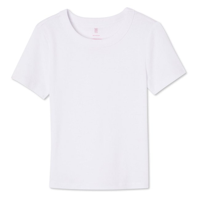 No Boundaries Women's Rib Baby Tee in white, made from rib knit 100% cotton, featuring a crew neckline, short sleeves, and a straight hem, ideal for casual wear and pairing with jeans or leggings in a women's t-shirt wardrobe.