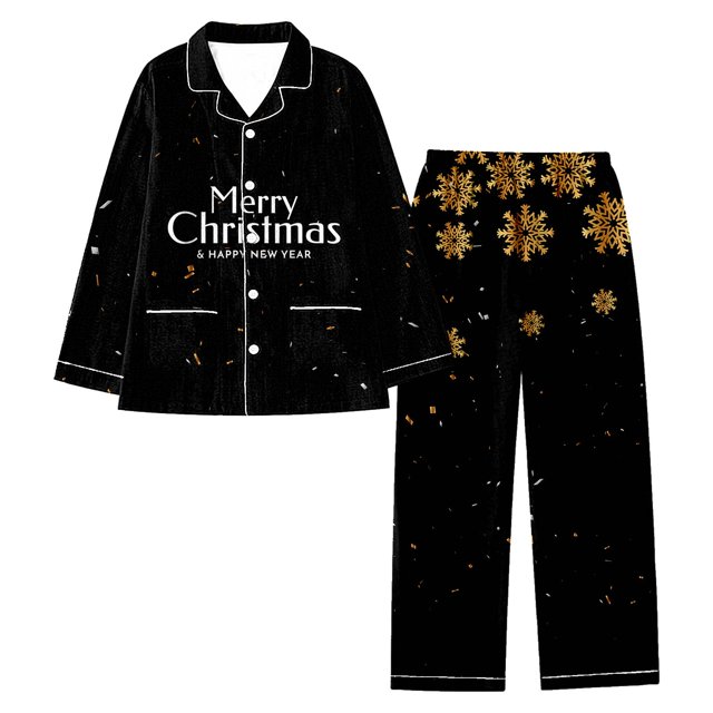 2025 Femmes Noël Col à Revers Pleine Grande Taille Pyjamas Imprimé Père Noël Vacances Décontracté Pyjama Été Flocons de Neige Manches Longues Pantalon Peignoir pour Femmes