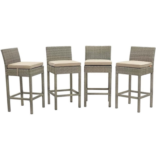 Modway Tabouret de Bar d'Extérieur en Rotin à Conduit, Gris Pâle et Beige (Ensemble de 4)