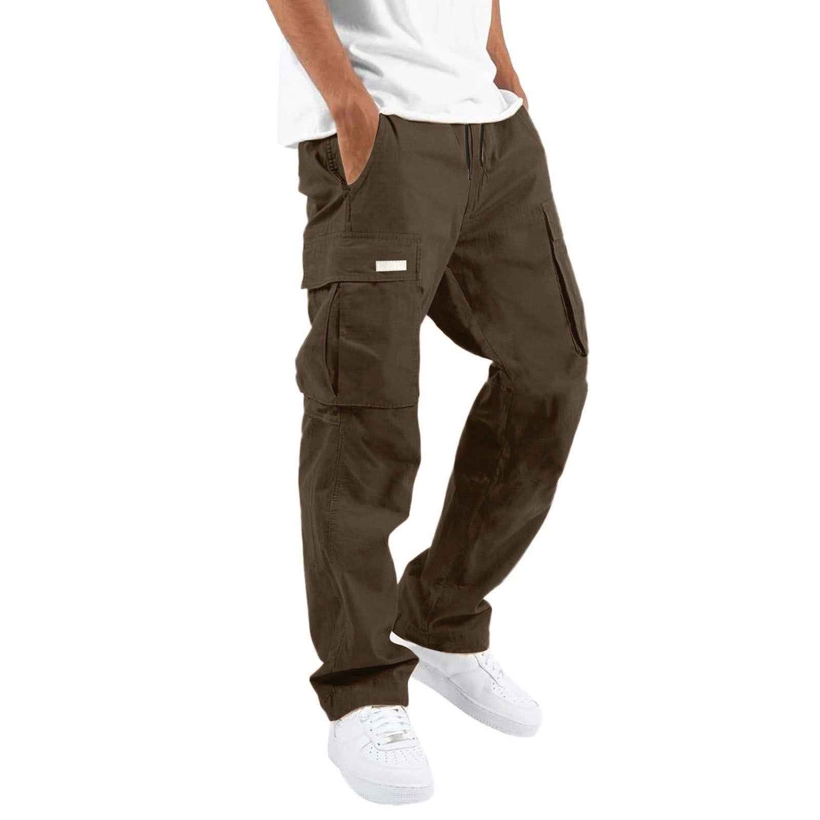 Men's Four Seasons Street Work Pants Pockets Leisure Sports Multi Pocket Carpenter Pants for Men Foot Mouth Cap Rope Waist Lace Up Patchwork Ribbon Standard Woven Cargo Trousers
