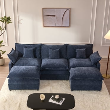 Bigsyy Canapé Sectionnel 3 Places, Style Nuage Confortable, Assise Profonde, Fonction Couchette avec Coussins Décoratifs. Idéal pour Salons Occupés par des Adultes, Design Moderne, Chenille Douillette, Bleu Marine