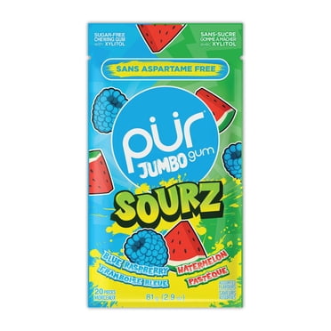 PUR Jumbo SOURZ Gomme à mâcher sans aspartame, 100 % xylitol, Arôme naturel, Framboise bleu aigre, pastèque aigre, 20 pièces, 1 pièce