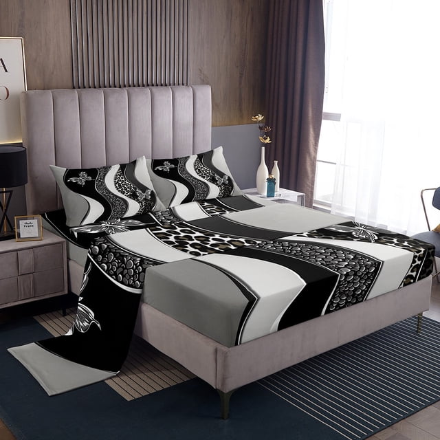 Erosebridal Grey Stripes Full Sheet Sets, Chic Butterfly Bedding Full Size, 4pcs