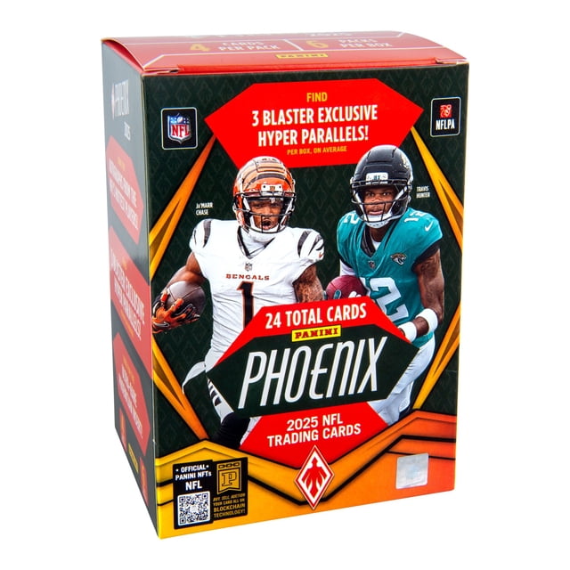2025 Panini Phoenix Football Trading Cards Blaster Box with 24 total cards including 3 blaster exclusive hyper parallels per box, featuring NFL players in action on the packaging, official NFL and NFLPA logos, and Panini NFT blockchain technology.