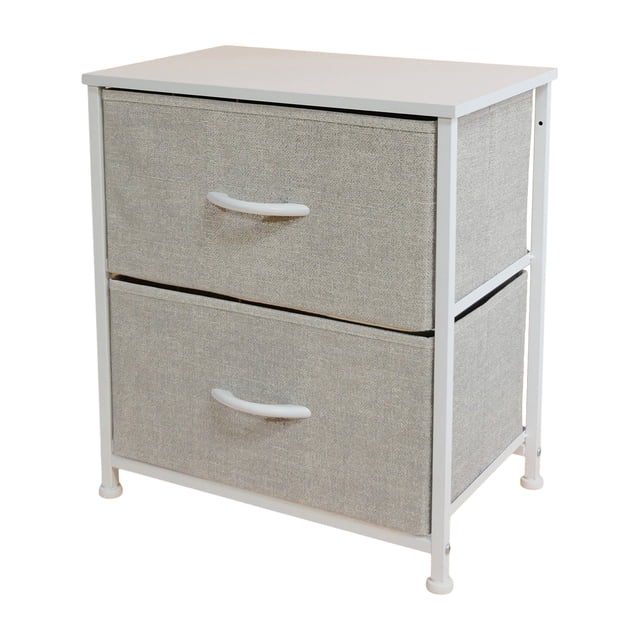 Nola Home Night Table, Side Table with two greyish beige fabric drawers featuring white wooden handles. The table has a sturdy white metal frame and a smooth MDF top board, offering versatile storage for bedrooms, living rooms, or guest rooms. Perfect as an accent table or living room furniture. Dimensions: 17.75 x 11.5 x 19.75 inches (45 x 29 x 50 cm).