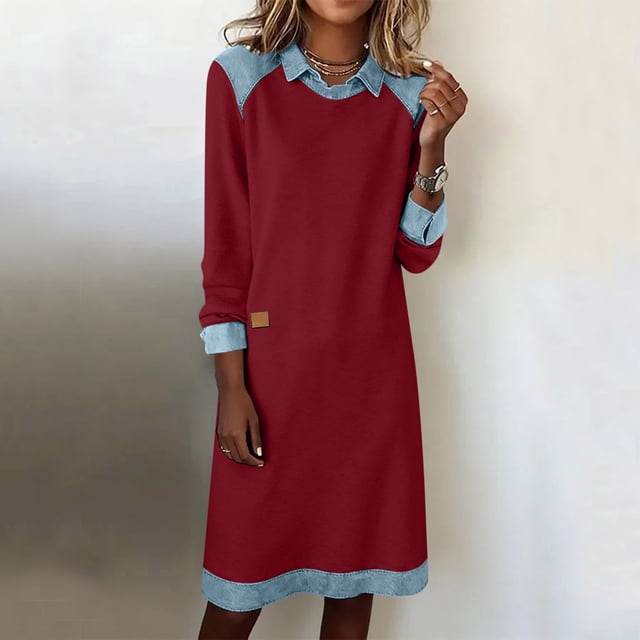Mceream Robes Longues pour Femmes Formelles Grande Taille à Blocs de Couleur Robe Patchwork en Denim Printemps Ample Décontractée à Col Midi Robes Chandail Rouge P