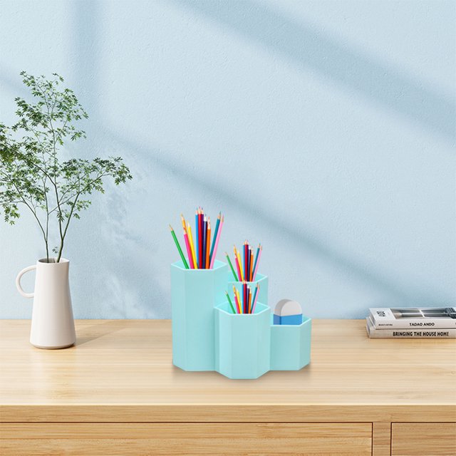 Multifunctional Organizer Desk Caddy with Compartments, Durable Plastic Office Accessory Tray for Pens Brushes, Portable Countertop Storage for Home Office Bathroom School Art Supplies, Blue