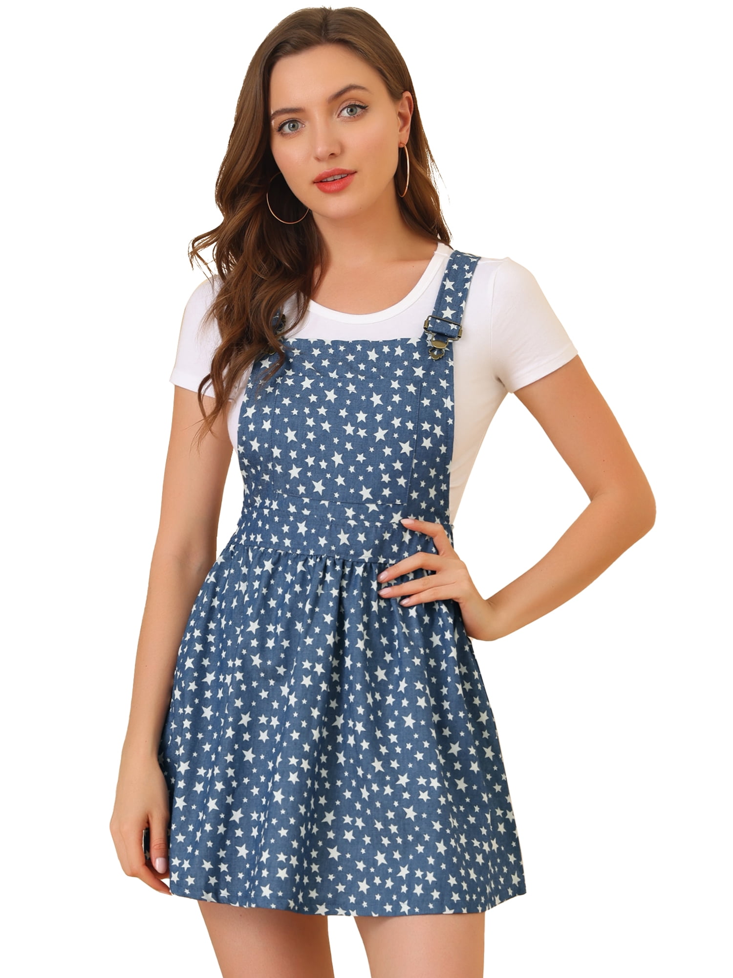 INSPIRE CHIC Robe Salopette Mini Mignonne pour Femmes à Bretelles d'Épaule Ajustables Bleu-Étoiles S