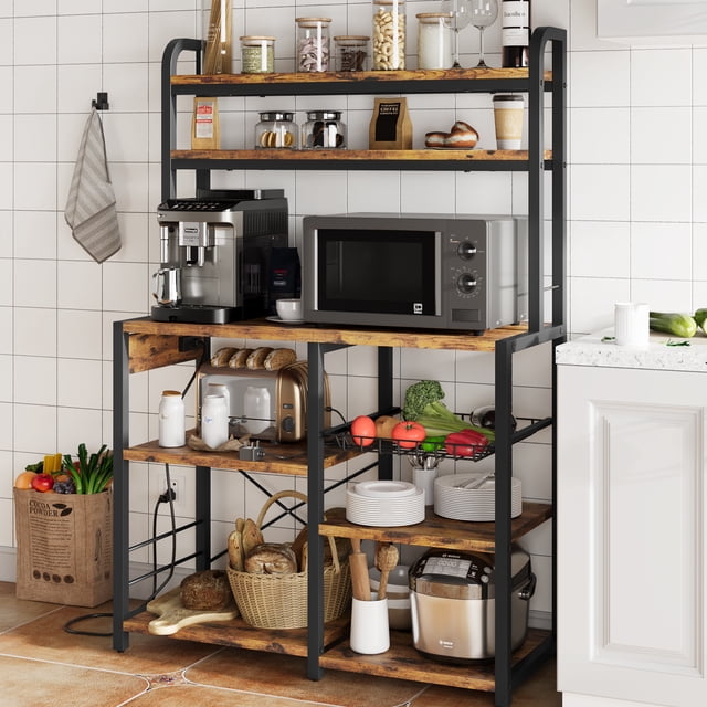 Ourlova Bakers Rack with Power Outlet, Coffee Bar with Wire Drawer, Industrial Microwave Stand 6-Tier Kitchen Storage Rack with Hutch