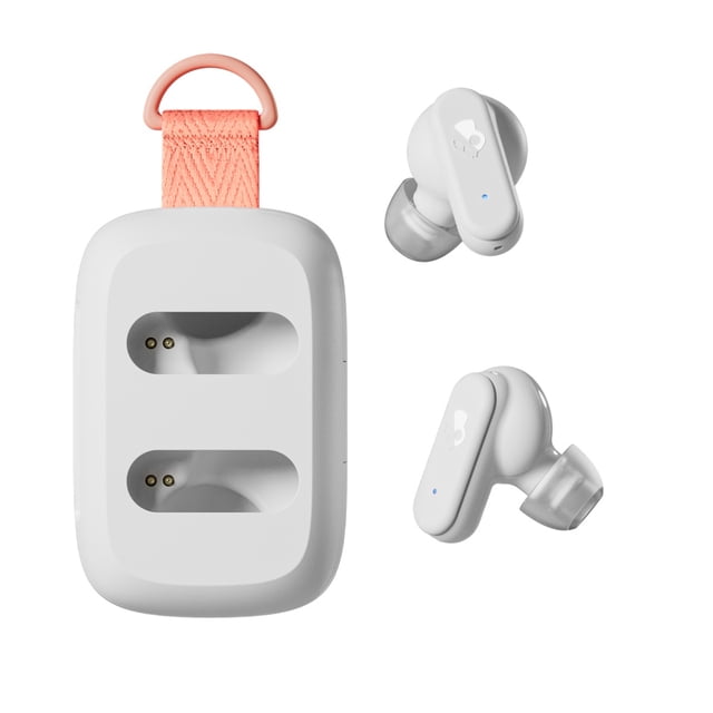 Skullcandy True Wireless Earbuds Dime 3 XT in white with a compact charging case featuring a coral fabric loop, shown with both earbuds outside the case displaying in-ear silicone tips and LED indicators, ideal for kids' headphones with Bluetooth 5.3 and sweat resistance.