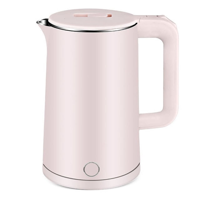 Electric Water Pot, Electric Kettle, Integrated Wrapped, 2.3L Electric Kettle Stainless Steel Double Layer Anti Scalding Automatic Power Off Electric Water Boiler for Home. The kettle features a stainless steel liner with a plastic-coated shell, a 2.3L capacity, and a round steel integrated wrapped spout for safety. Designed with a large opening for easy cleaning and filling, it includes 4-fold protection and dual-core anti-leakage for secure use. Shown in a soft pink finish with a sleek, modern design and a sturdy handle.