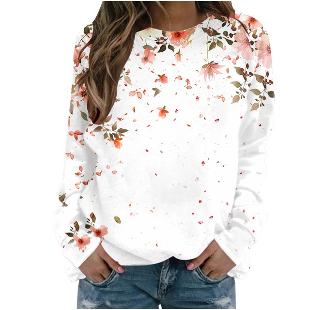 KIHOUT Chandails Molletonnés pour Femmes en Liquidation, Hauts Blouse à Manches Longues d'Automne et d'Hiver à Col Rond à Imprimé Floral, Coupe Ample, Taille P-2TG