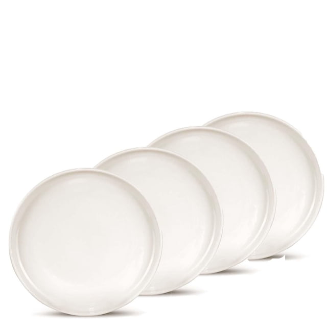 Mesa Ceramics Uno Stoneware Plate 17cm set of 4, showing four white stoneware plates with raised rims and a smooth, untextured finish, arranged in a staggered line on a white background, suitable for rustic and casual dining, dishwasher and microwave safe.