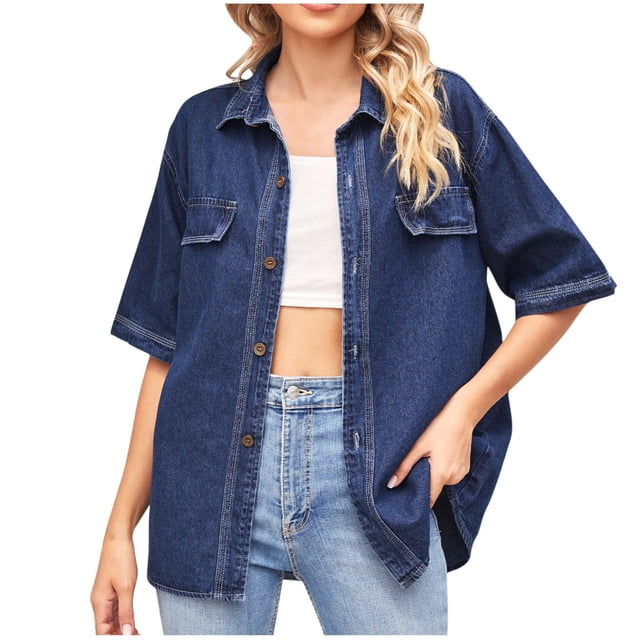 Hvobtty Chemise Décontractée à Manches Courtes pour Femme à Col Rabattu, Veste en Denim à Manches Amincissantes pour Femme avec Col à Revers Coloré