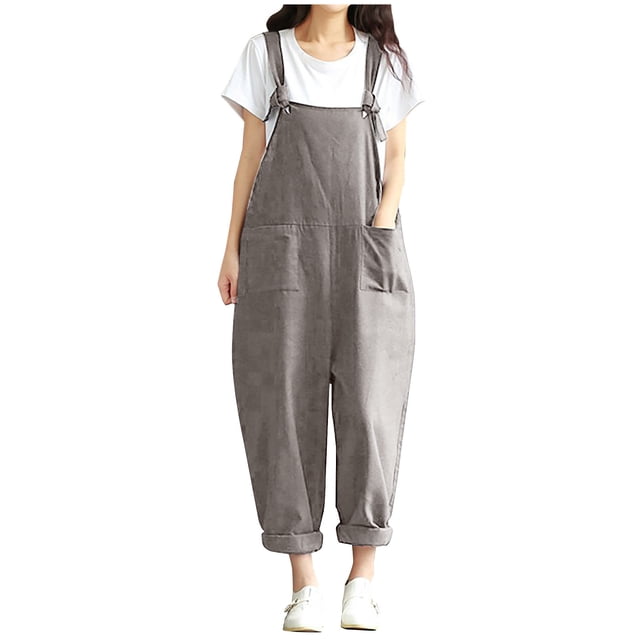 fartey Women Plus Size Cotton Linen Romper Casual Sleeveless Square Neck Relaxed Overalls Pockets Adjustable Strap Solid Color Rompers