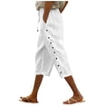 thumbnail image 1 of Women Work Pants Casual Elastic Waist Solid Color Loose Side Button Decoration Versatile Capris White S, 1 of 5