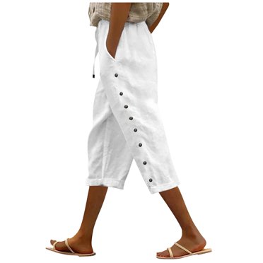 Bmisegm Women's Summer Solid Color Elastic Waist Loose Side Button Decoration Versatile Capris Casual Pants Pants for Women White XXL