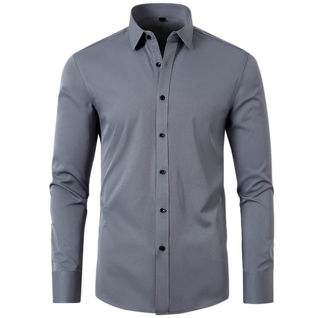 aohooy Dress Shirts for Men 2025 Long Sleeve Regular Fit Button Down Work Shirts Stretch Wrinkle-Free Business Formal Shirt Gray,L