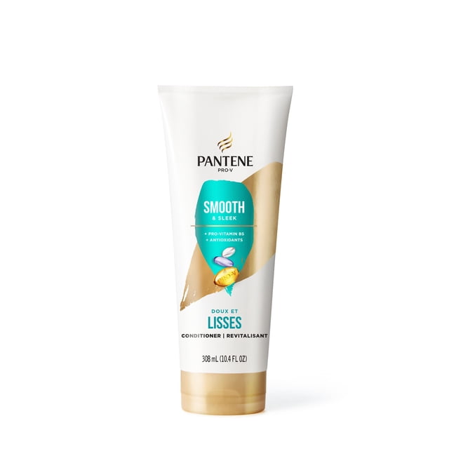 PANTENE PRO-V Smooth & Sleek Conditioner in a white and gold 308 mL (10.4 fl oz) tube featuring Pro-Vitamin B5 and antioxidants, formulated for long-lasting frizz control and smooth hair, safe for colour-treated hair and daily use.