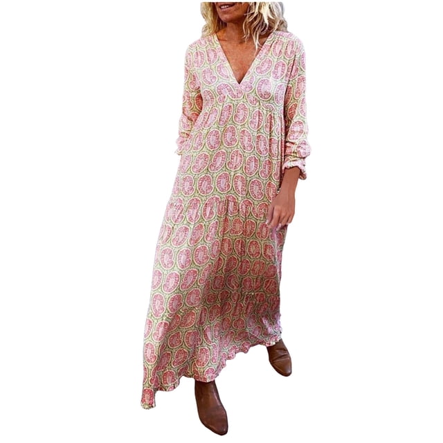 FcBaudy Robe à Manches Longues à Col en V, Robes d'Été pour Femmes, Robes pour Femmes Mode Femmes Robe Décontractée à Imprimé Robe à Col en V à Manches Longues Robe Longue Robe Femme