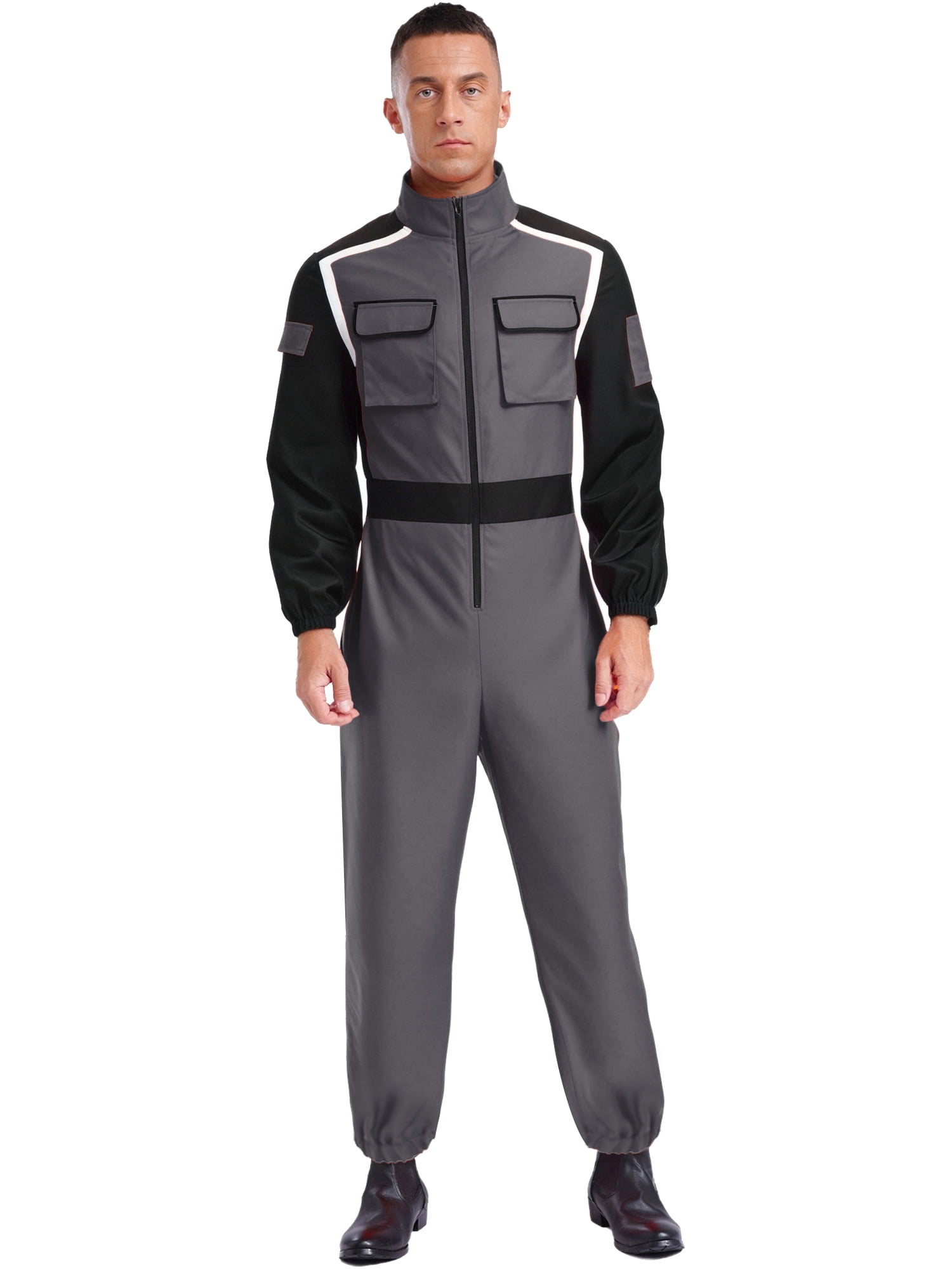 Oyolan Men Racer Jumpsuit Racing Car Driver Costume Long Sleeve Zipper Mechanic Coveralls with Pockets Grey M