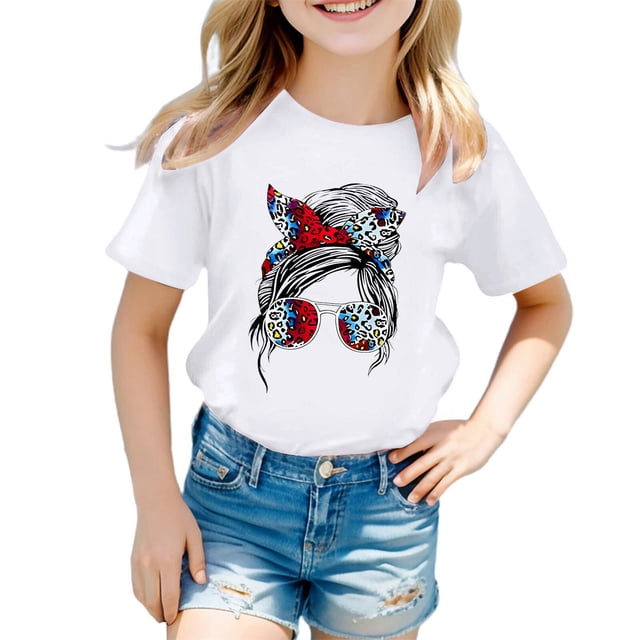 LUOGENLI T-Shirt pour Filles Enfant Filles Mignon Imprimé Graphique Col Rond Manche Courte Tee Été Décontracté T-Shirt Maxi Hauts avec Fente pour Filles Blanc 8-9 Ans