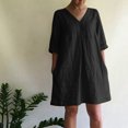 thumbnail image 2 of QIPOPIQ Robe Fumée à Volants pour Femmes Dresses Manches Courtes Ample Décontractée Dresses Col en V Robe d'Été Unie Dresses Offres 2023, 2 of 9