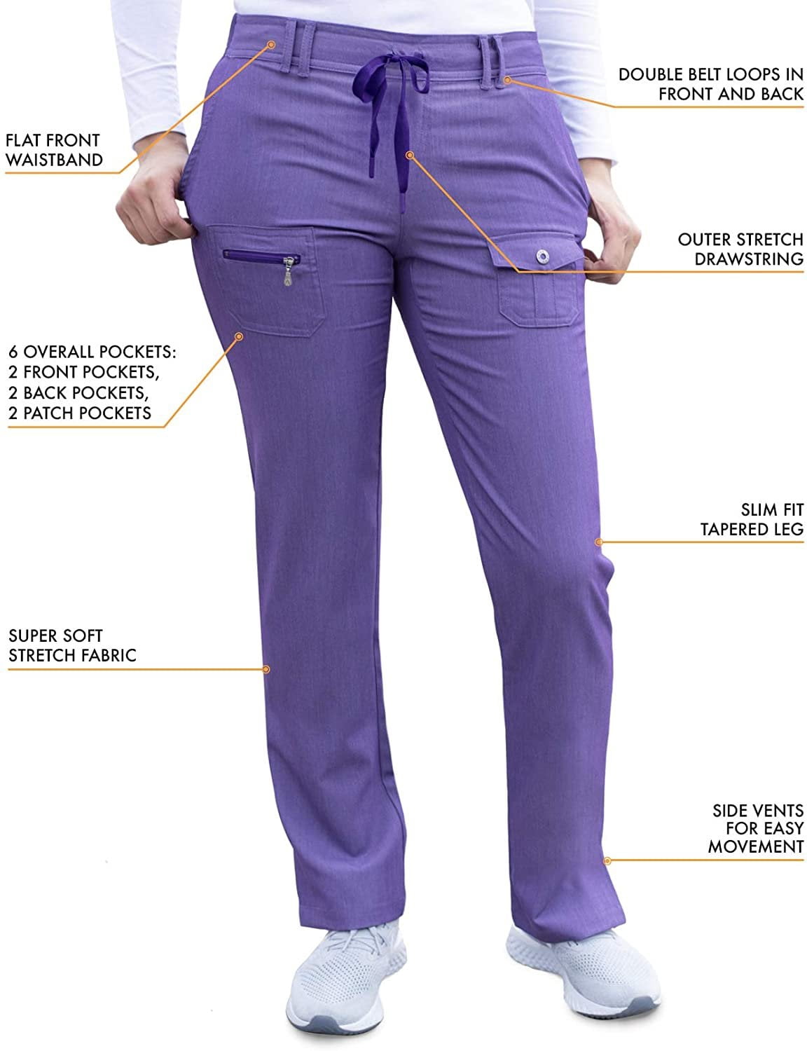 Adar Pro Heather Women's Slim Fit Tapered Scrub Pants, Heather Grape, XS