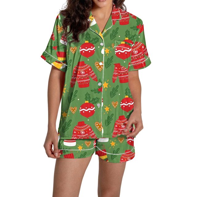Pyjama pour Femmes en Satin de Soie à Imprimé Graphique, Mignon, Tenue de Nuit, Boutons, Hauts à Manches Courtes, Ensembles de Shorts