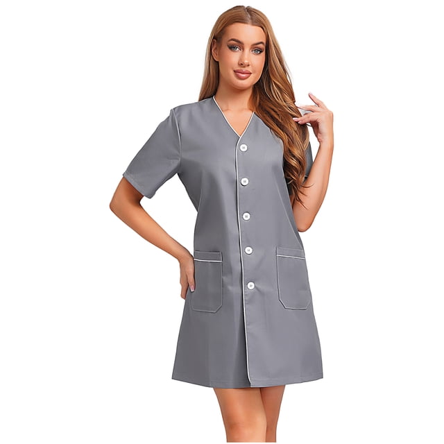 Aislor Robe d'Uniforme d'Infirmière pour Femmes à Manches Courtes, Tenue de Travail Médicale avec Poches, Chemise Boutonnée, Uniforme de Sarrau Gris 3TG