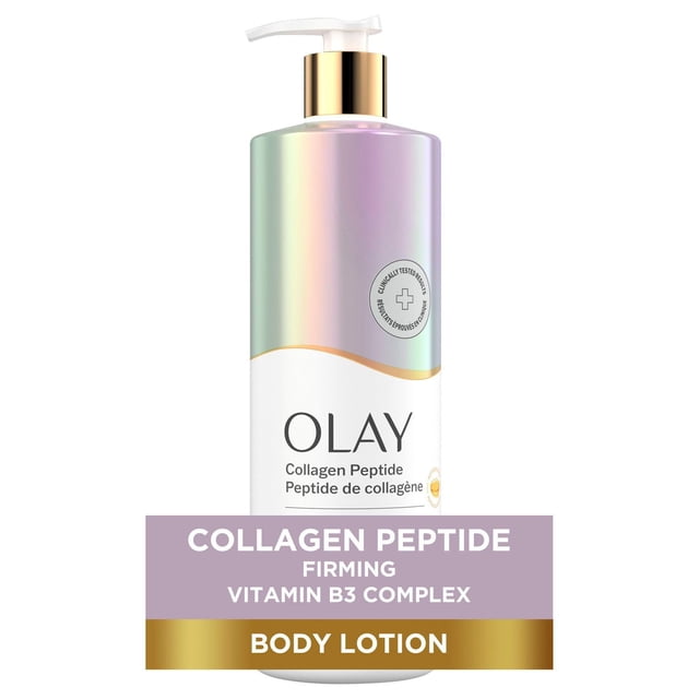 Olay Firming & Hydrating Body Lotion with Collagen Pump in a cylindrical bottle with a white lower half and iridescent upper half, topped with a gold pump dispenser, formulated with collagen and Vitamin B3 Complex to hydrate, firm, and smooth skin for daily body care.