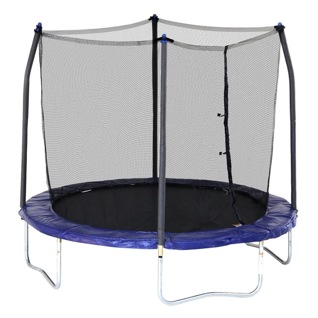 SKYWALKER TRAMPOLINES 8 FT, Round, Blue Outdoor Trampoline for Kids with Safety Enclosure Net and Spring Pad, featuring a black UV-protected polypropylene jumping mat surrounded by a blue fade-resistant spring pad, supported by rust-resistant galvanized steel legs and six foam-padded enclosure poles holding a tightly woven black polyethylene safety net with a zippered entrance, designed for safe backyard play and ASTM safety compliance.
