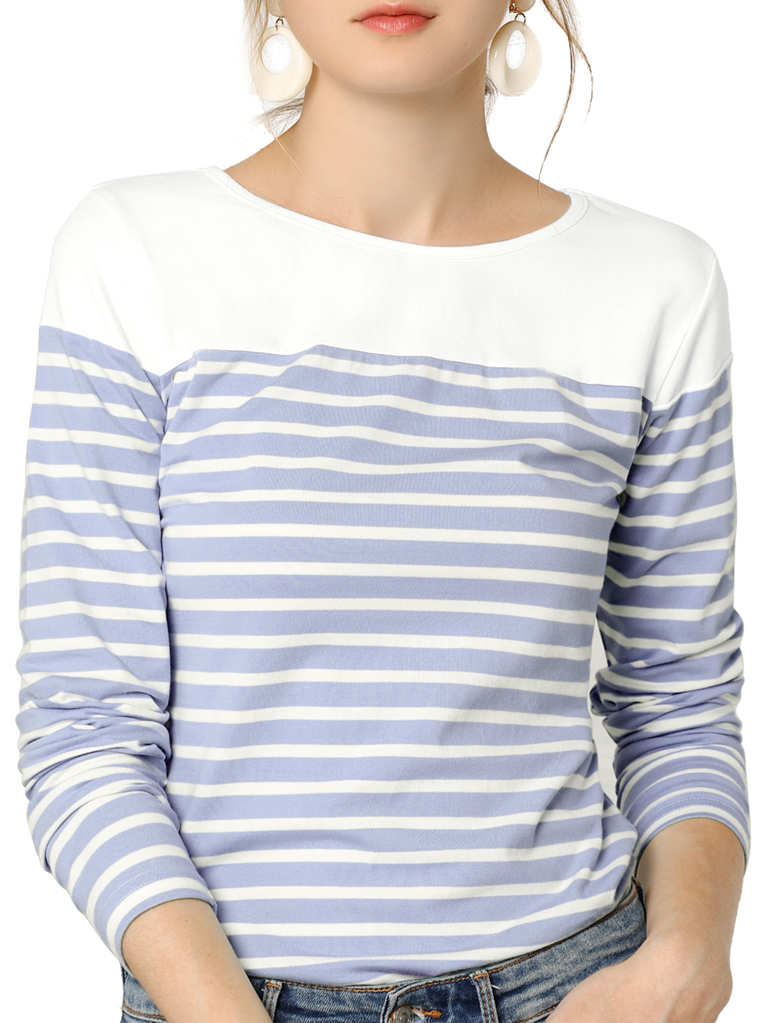 INSPIRE CHIC Women's Blouse Striped Color Block Long Sleeve Causal T-Shirt S Light Blue
