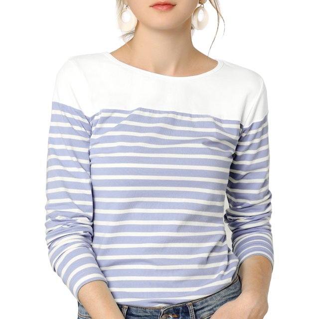 INSPIRE CHIC Blouse de Rentrée pour Femme à Rayures à Blocs de Couleur à Manches Longues T-Shirt Décontracté S Bleu Pâle