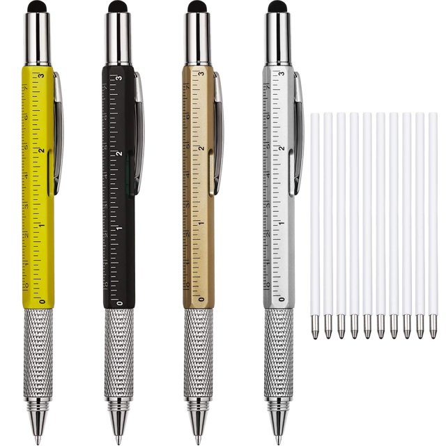 Zhanmai 4 Pieces Gift Pen for Men 6 in 1 Multitool Tech Tool Pen Screwdriver Pen with Ruler, Levelgauge, Ballpoint Pen and Pen Refills, Unique Gifts for Men (Gold, Black, Silver, Yellow)