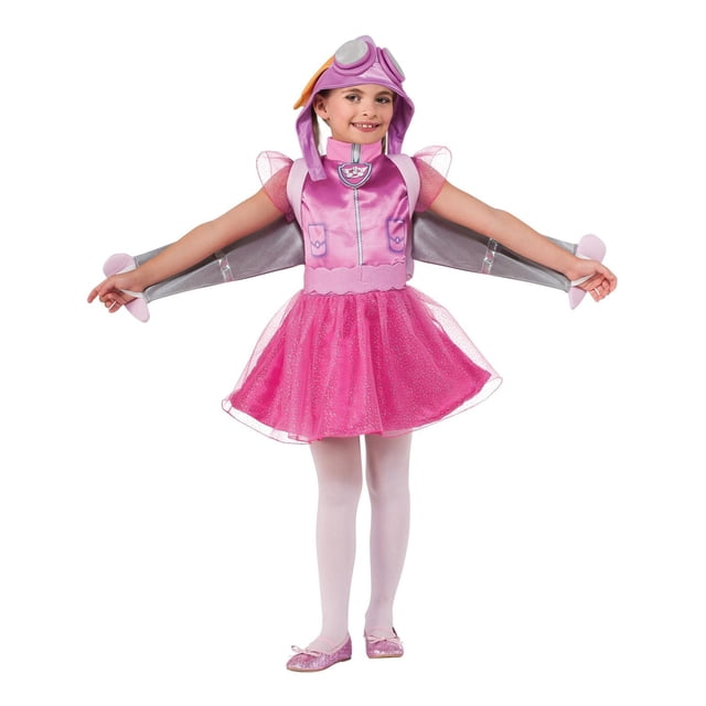 Déguisement de Robe pour Tout-Petit Pat' Patrouille Skye Mettant en Vedette une Robe Satinée Rose avec une Jupe en tulle Scintillante, des Ailes Transparentes Attachées à l'Arrière et un Chapeau de Pilote avec Lunettes de Protection, à Porter avec des Collants Blancs et des Ballerines Roses, Convient pour l'Halloween et les occasions de Déguisement.