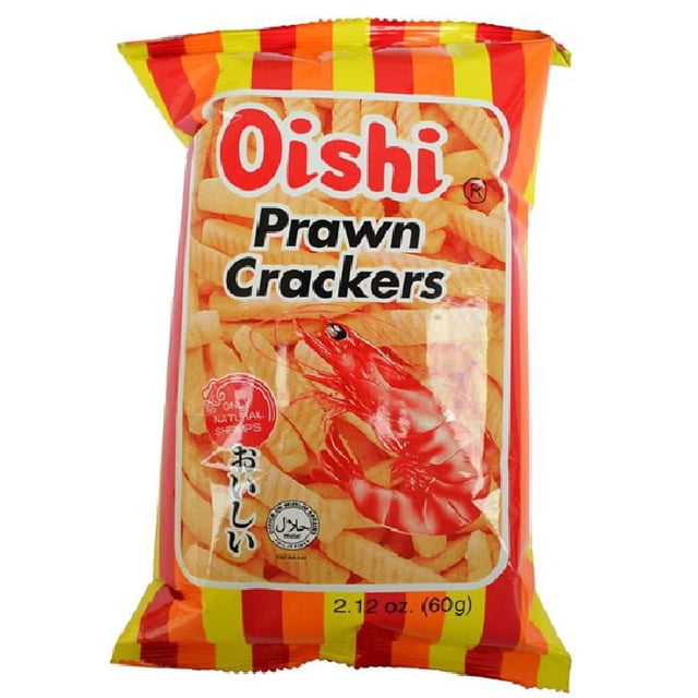 Oishi Prawn Crackers 60g per pack in a bright orange and yellow striped bag featuring prawn-flavored crunchy crackers with a red prawn illustration, made from wheat, shrimp, tapioca, and corn starch, known for its light, crispy texture.