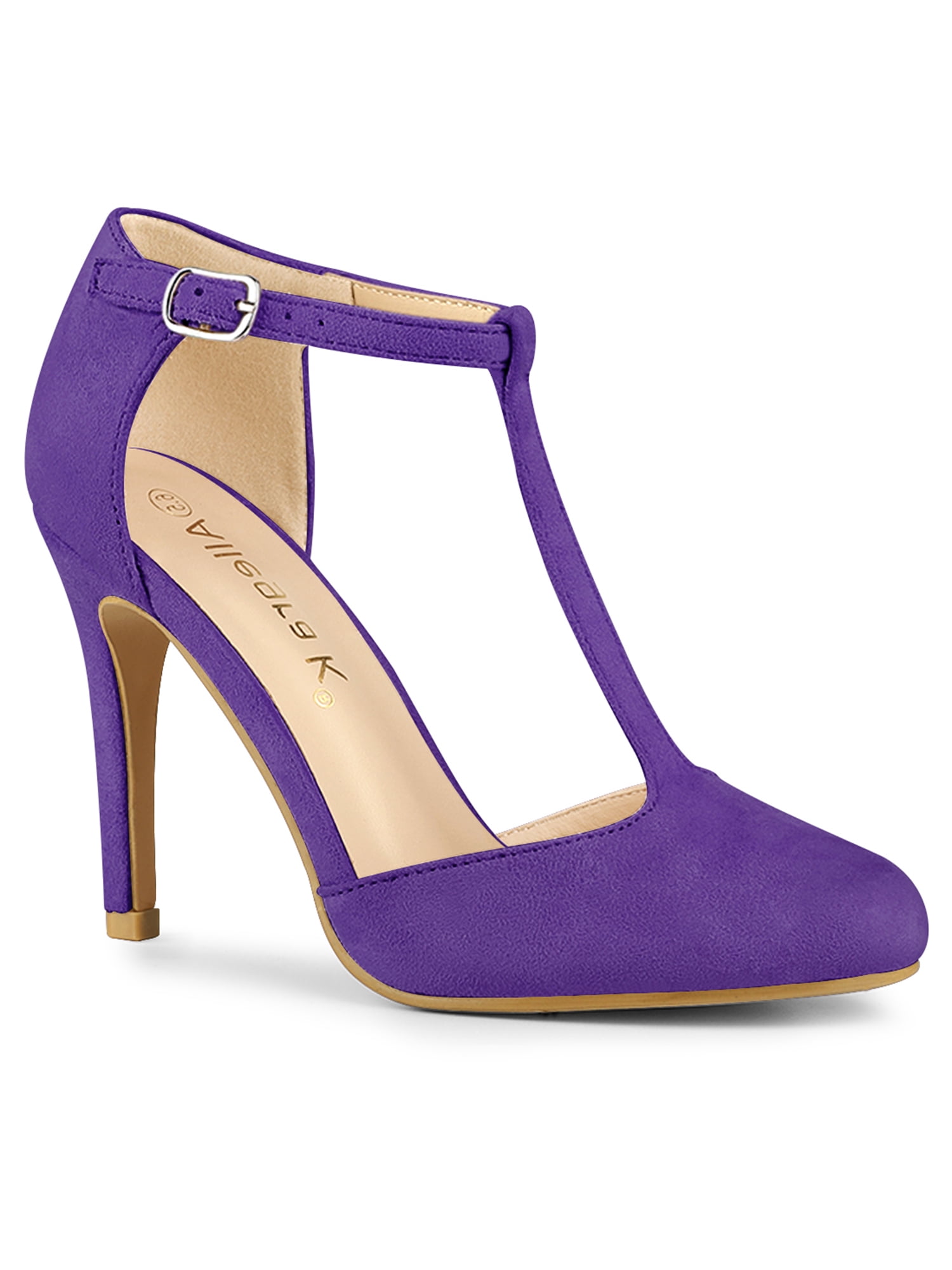 BLISSFUL STEP Chaussures pour Femmes Bout Rond Talon Aiguille Sandales à Bride en T Violet 7