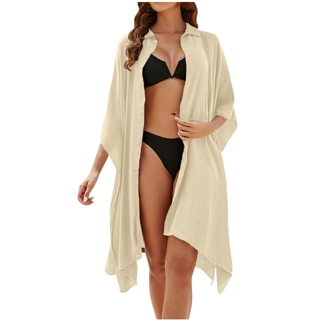 Plebaso Longue Robe de Plage de Plage pour Femmes à Boutons, Col, par-Dessus, Robe Chemise de Maillot de Bain Unie pour Femmes pour les Vacances
