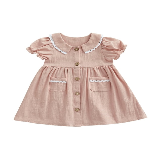 Baby Girl Doll Collar Dress Short Sleeve Button Closure A-Line Dress