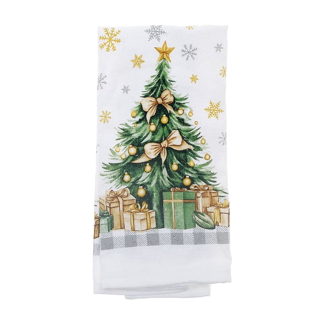 Hand Towel (Christmas Tree) - Set of 6 folded white cotton towels featuring a printed green Christmas tree with gold bows and ornaments, topped with a gold star, surrounded by gold and silver snowflakes, and a base of wrapped presents on a gray checkered border, suitable for kitchen or bathroom linens and seasonal décor.