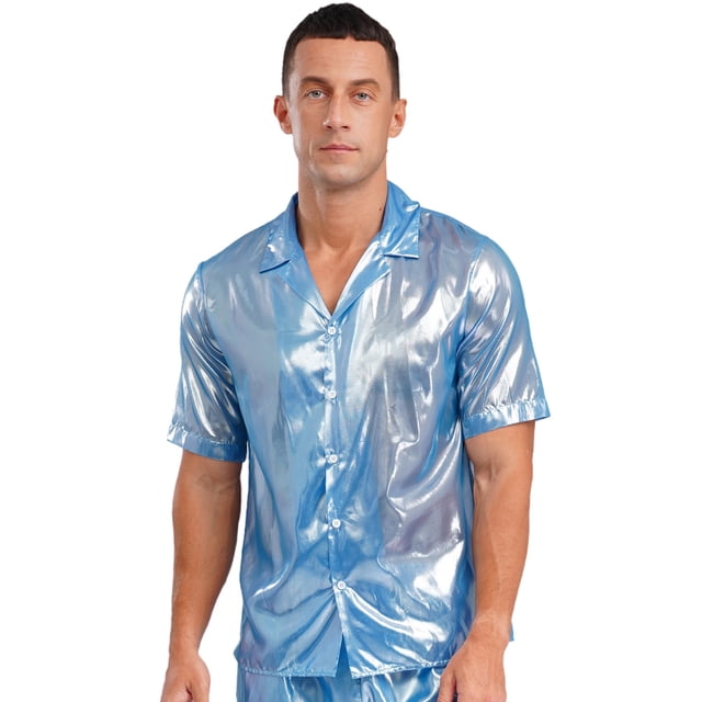 Miaeowve Mens Shiny Sheer Top PVC Leather Wet Look Glossy T-Shirt for Halloween Beach Pool Rave Party Light Blue S