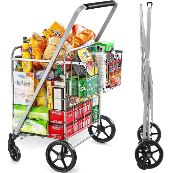 Wellmax Shopping Cart, Metal Grocery Carts For Groceries, Folding Cart For Convenient Storage And Holds Up To 160lbs, Dual Swivel Wheels and Extra Basket, Silver