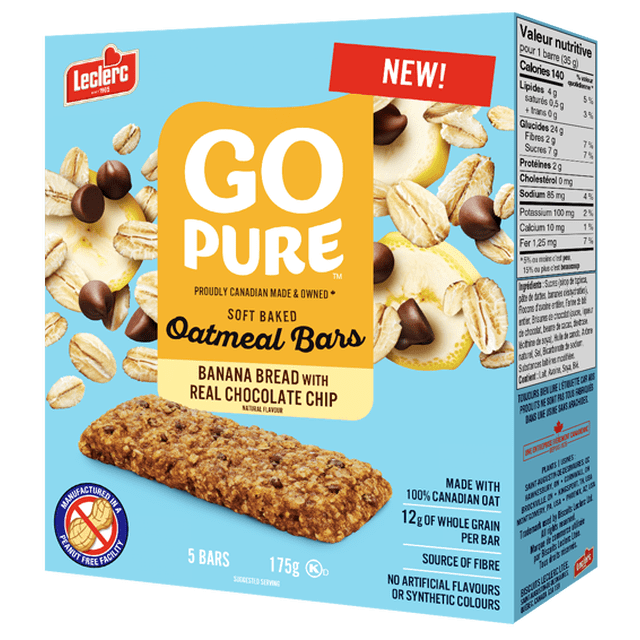 GOPURE SOFTB BANA soft baked oatmeal bars banana bread with real chocolate chip flavor in blue box with 5 bars. Made with 100% Canadian oat, each bar contains 12 grams of whole grain and is a source of fibre with no artificial flavours or synthetic colours.