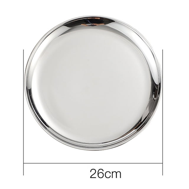 Stainless steel dinner plate with a 26cm diameter, featuring a round shape and a polished silver finish. The plate has a simple and classic design, adding a modern touch to dining settings. Suitable for daily meals, snacks, or special occasions. Shown against a white background with measurement markings.
