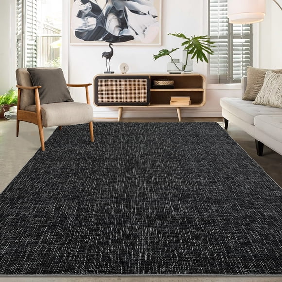 HOMERRY Washable 8' x 10' Modern Area Rug for Living Room Solid Print Indoor Washable Neutral Carpet, Black