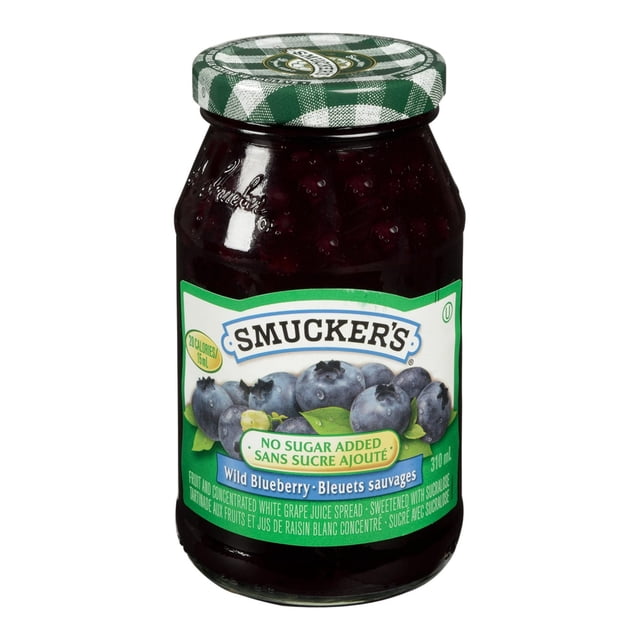 Smucker's No Sugar Added Blueberry Spread 310mL jar with dark purple jam, green and white checkered lid, and label showing blueberries and bilingual text about no sugar added and sweetened with concentrated white grape juice, ideal for breakfast or enhancing dishes.